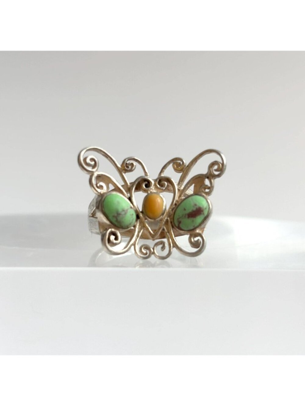 Turquoise & Coral Gemstone Butterfly Sterling Silver 925 Vintage Ring - sz 6.75 - Picture 3 of 16